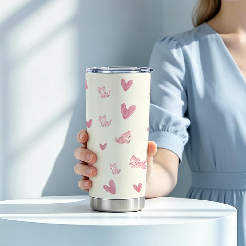 591ml Car Tumbler(1 Random Straw Included)Pink Cat Heart MotifCommuter Cup Large Iced Cup Car Cup 591ml Car Tumbler