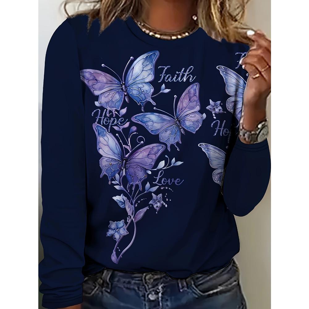 2025 Spring/Autumn Style New Random Print Round Neck Long Sleeve Loose Casual Women S Top Base T-Shirt S