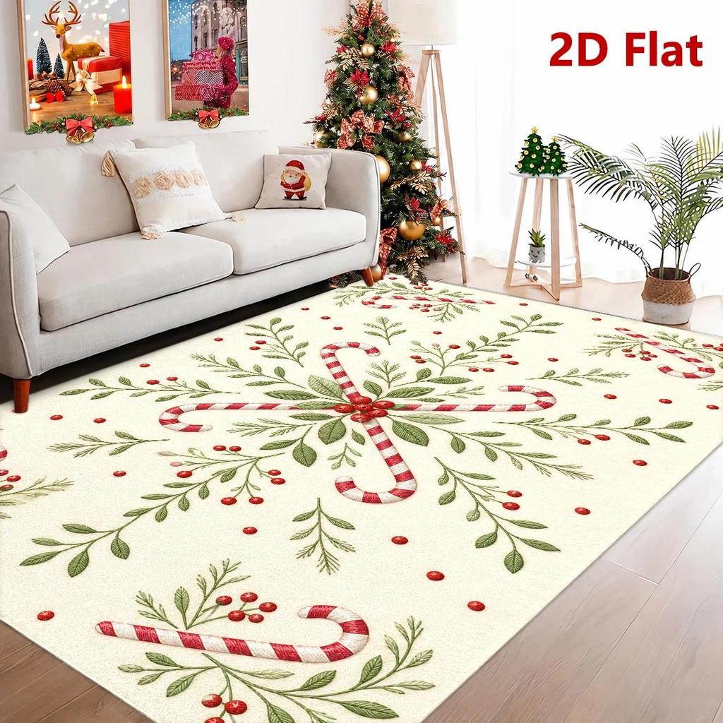 2D Flat Christmas Rug with Flower & Candy Cane Pattern, Festive Soft Durable Decor Mat for Indoor & Outdoor