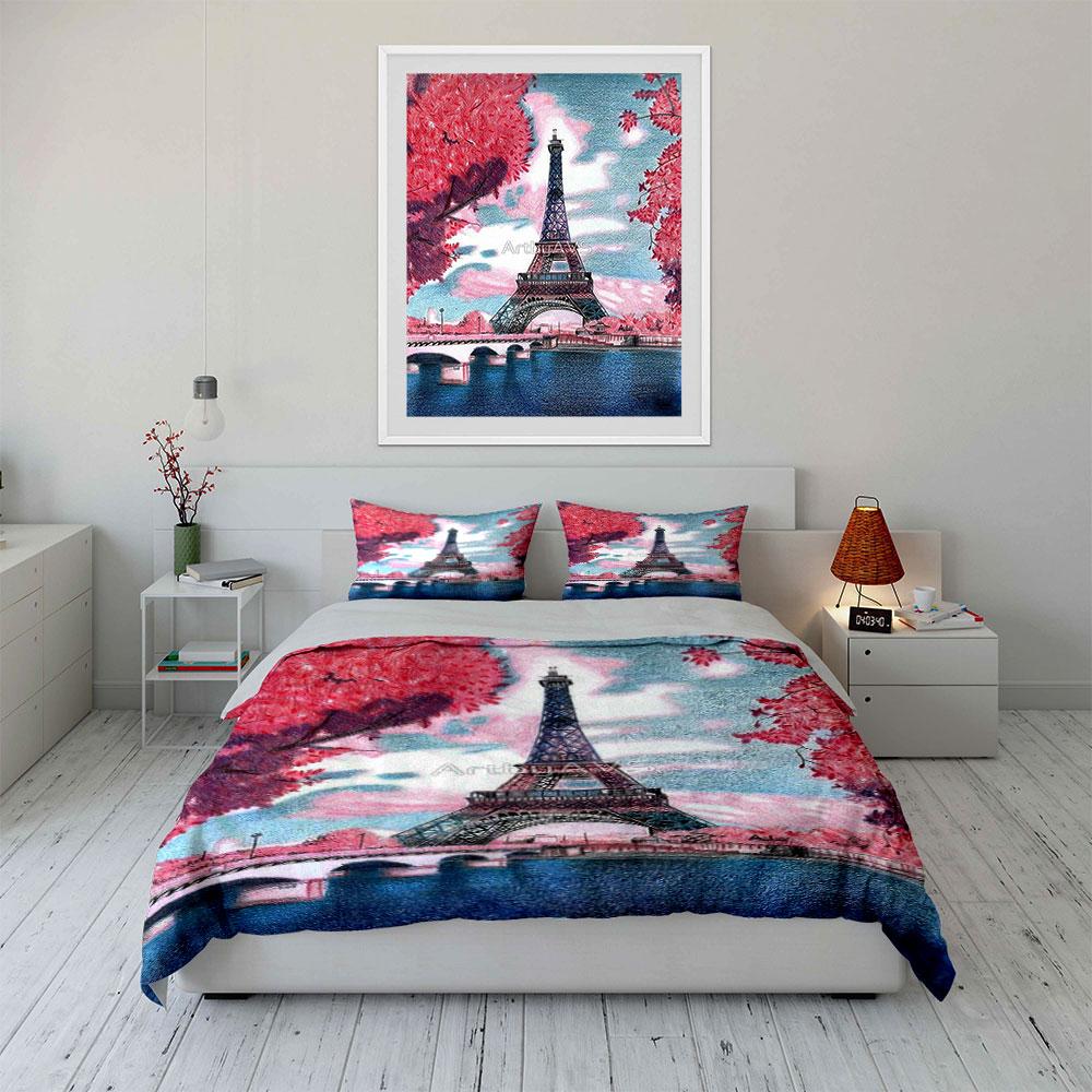 Eiffel Tower, pink trees. Bedding sets Duvet cover sets Duvet covers Pillowcases(1 * Duvet Cover 2 * Pillowcases without duvet insert)