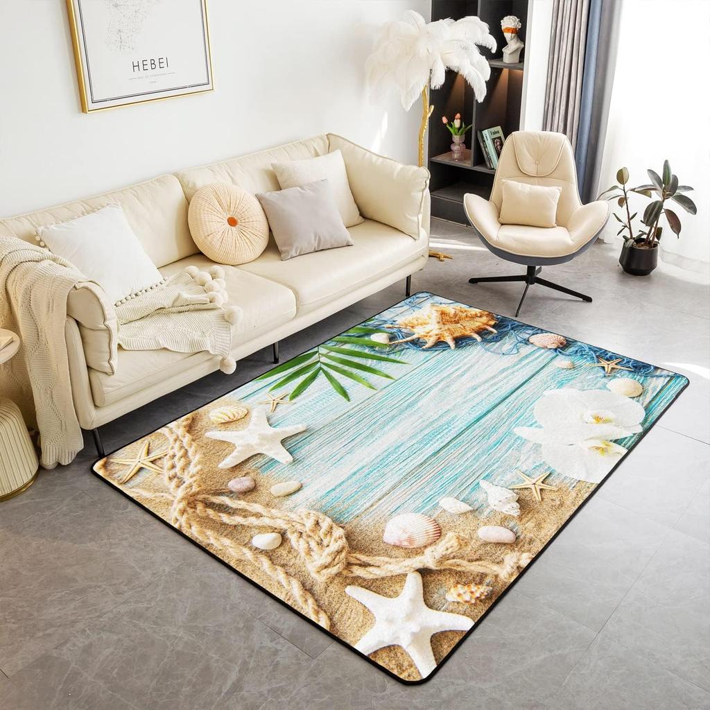 Ocean Area Rugs Beach Rug, Coastal Nature Theme Teal Carpet Boys Girls Hawaiian Sea Wave Animal's Shell Starfish Rug for Bedroom