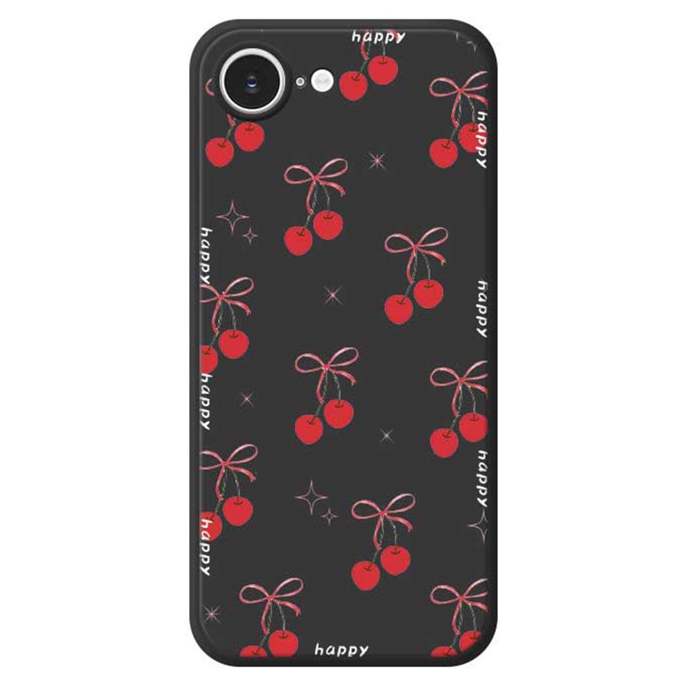 

For iPhone 16e Case Cute Bow Cherry Pattern Printing Straight Edge TPU Phone Back Cover Black