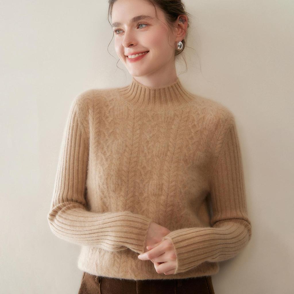 Women's Cable Knit Cashmere Pullover - Thick Half-High Neck Solid Color Sweater for Autumn/Winter