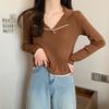 Polo Collar Knit Base Layer Women Spring Autumn Long Sleeve French Style Sweater Top