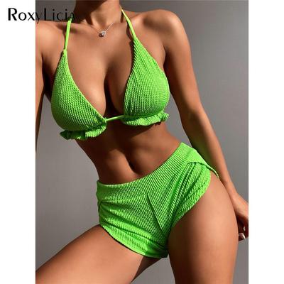 Sexy Wrinkled Halter Mid Waist Bikini Women Swimwear Female Swimsuit Two-pieces Bikini Set Bather Bathing Suit Swim Lady