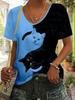 Fashion Cat Color Block Print V-Neck Casual Style T-Shirt Streetwear Trendy Cat Graphic Top