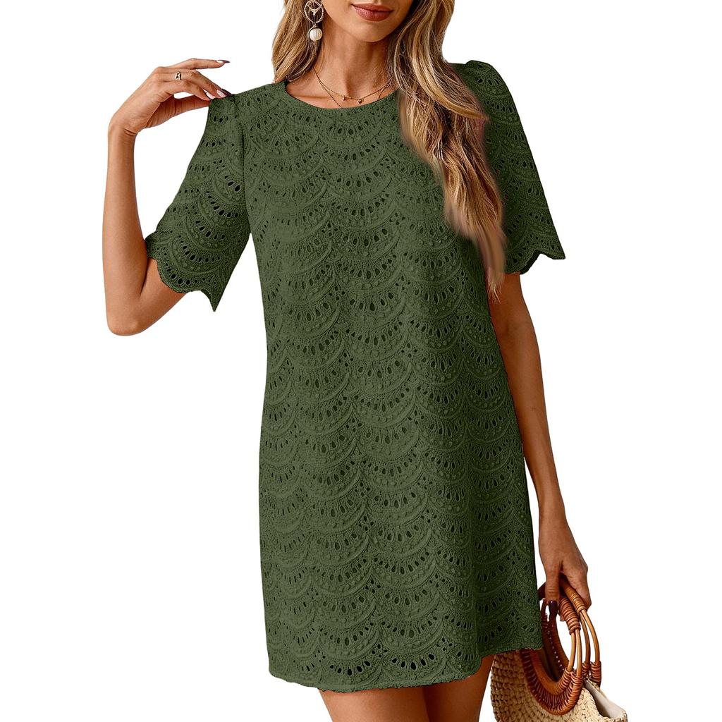 Women Lace Short Sleeve Mini Dress Crew Neck Scalloped Hem Hollow Out Pattern Style Casual Wear