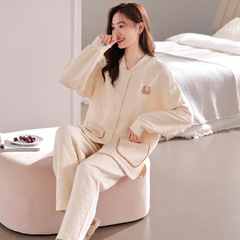 Pajamas Women'S Spring And Autumn Thickened Pure Cotton Long-Sleeved Winter Cotton Thin Padded Women'S Autumn And Winter Air Cotton Loungewear