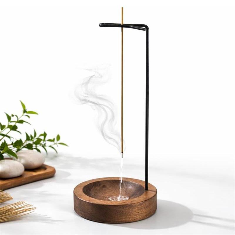 Upside Down Incense Stick Holder with Ash Catcher Bowl, Wooden and Metal Hanging Incense Burner, Clean Ash Collecting Design