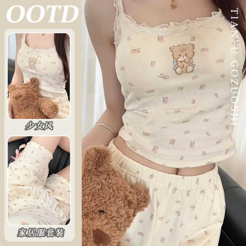 

[High-quality imitation cotton] ins wind cartoon pajamas women s summer new cute student dormitory suspender home clothes cover M
