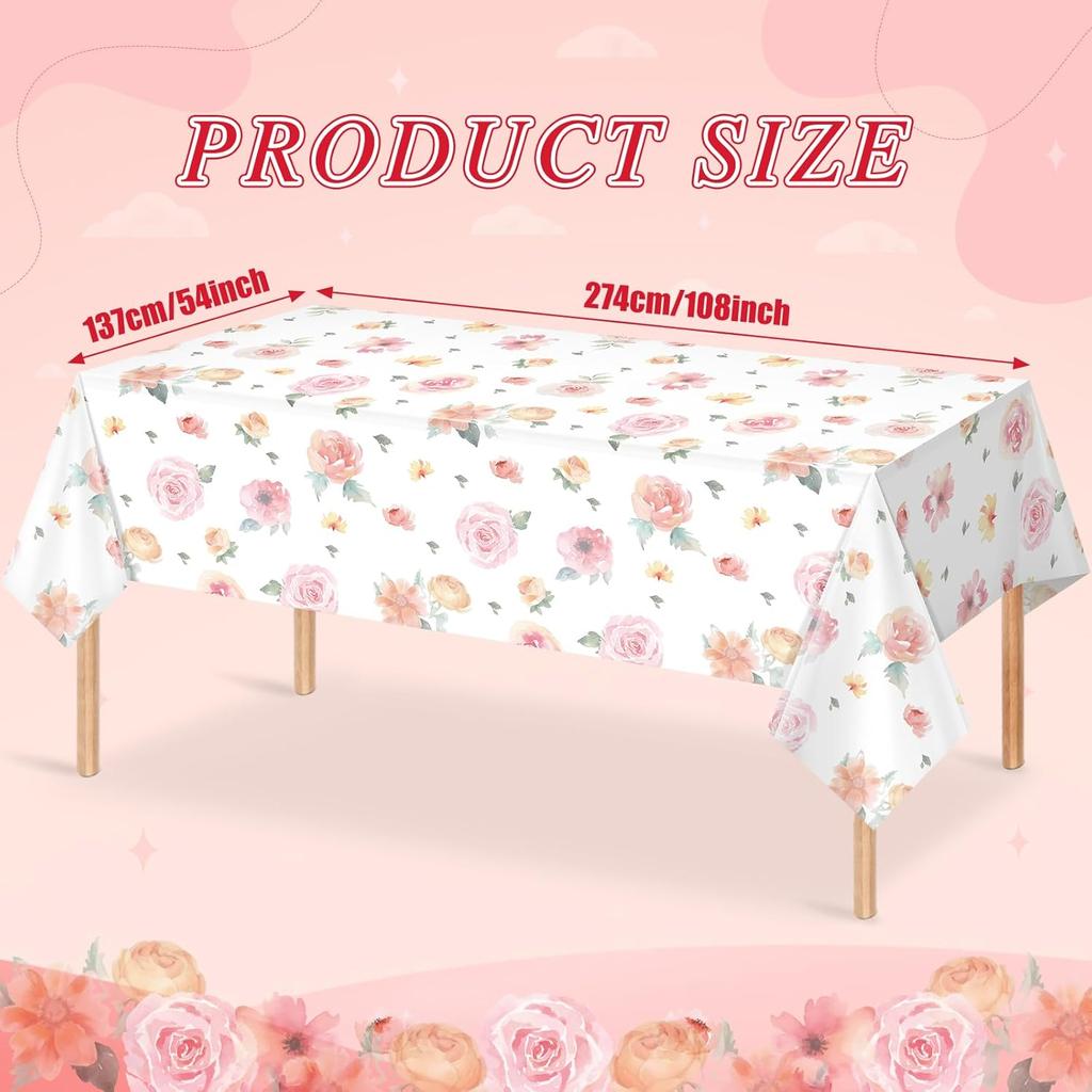 3 Pcs Spring Floral Tablecloth, Pink Wildflower Plastic Disposable Tablecloth Rectangle Table Covers for Easter, Birthday, Wedding, Baby Shower, Tea