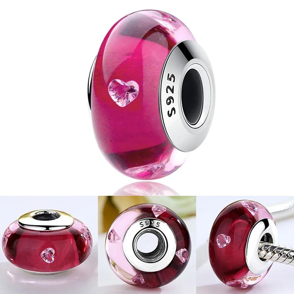 Copper Pink Flower Murano Glass Beads Charm Fit Original Bracelet Necklace Faceted Murano Diy Women Luxury Jewelry