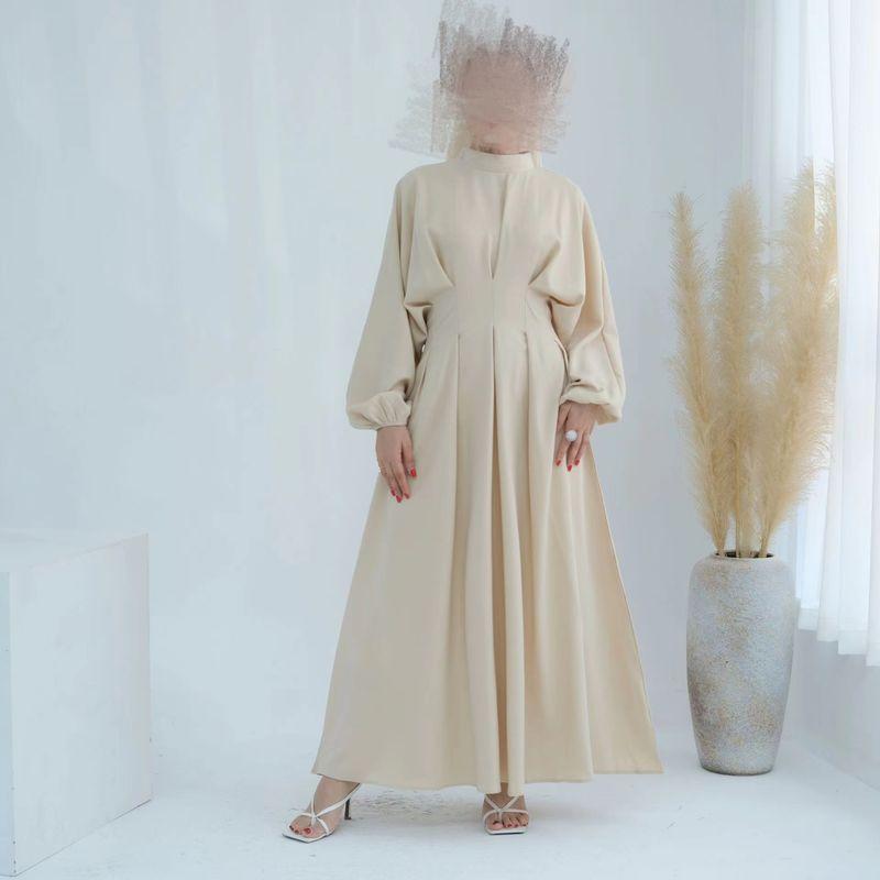 

New Arrival Middle East Turkey Pure Color Drawstring Sleeves Silm Dress Solid Color Waist up Dress Apricot color M