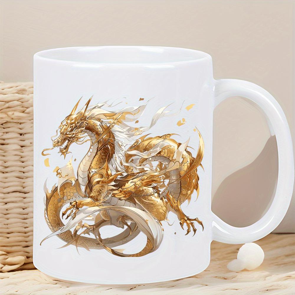 Dragon Coffee Mug - Elegant White Exterior with Golden Dragon Design, Insulated Ceramic Cup for Hot & Cold Beverages, Birthday/C 320ml