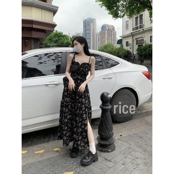 

Летнее платье из шифона с цветочным принтом для женщин - дизайн 2025 года с утягивающей талией, разрезом и квадратным вырезом горловины L