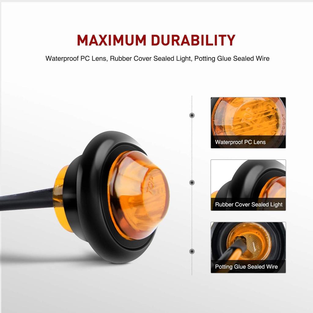 TL-03 10 PCS 3/4” Round Clearance Front Rear Side Indicator Bullet Marker Light for Truck RV Car Bus Trailer Van Caravan Boat (12V, Amber)