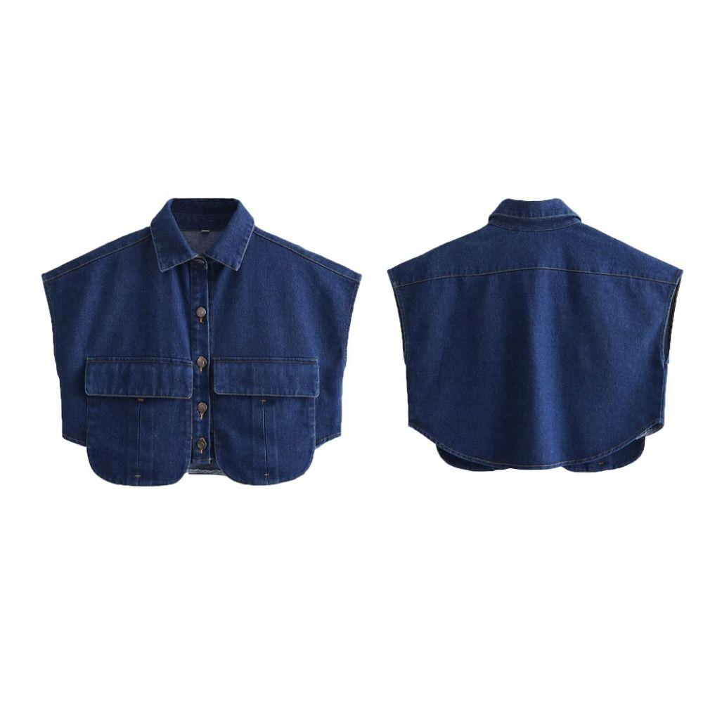 with Large Pocket Female Short Blouses Sleeveless Loose Denim Shirts Cropped Denim Shirt  Summer