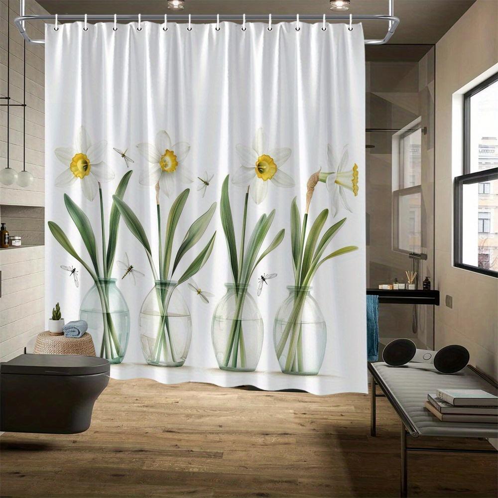 Daffodils & Dragonflies Shower Curtain, Vibrant Digital Art Print, White Daffodils with Dragonflies,  Modern Bath Decor W90xH180cm