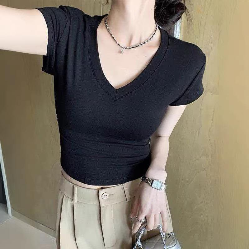 Front shoulder V-neck short-sleeved T-shirt women's summer new Korean pure desire bottoming slim and thin women's black top
