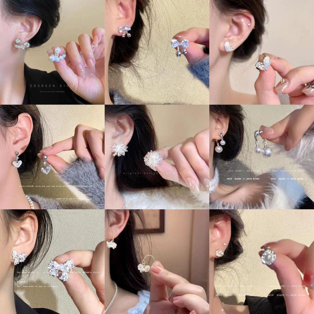 Zircon Metal Studs & Pearl Bow Earrings - High-End, Versatile Statement