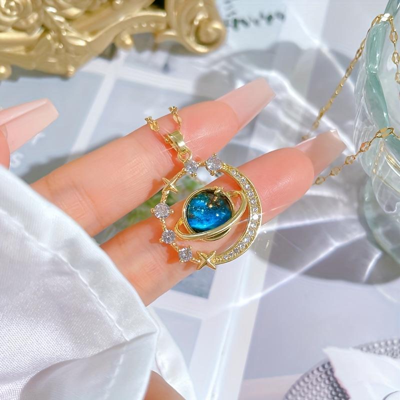 Elegant Blue Planet Pendant Necklace Luxurious Starry Sky Sparkling Accents New Year Valentine Gift for Couples Teenager