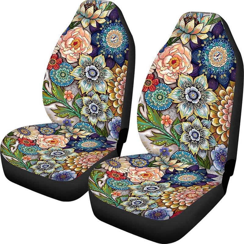 Bright Blossoms Colorful Boho Floral Print Car Seat Covers For Women,Universal Auto Front Seats Protector Fits For Car,SUV Sedan,Truck