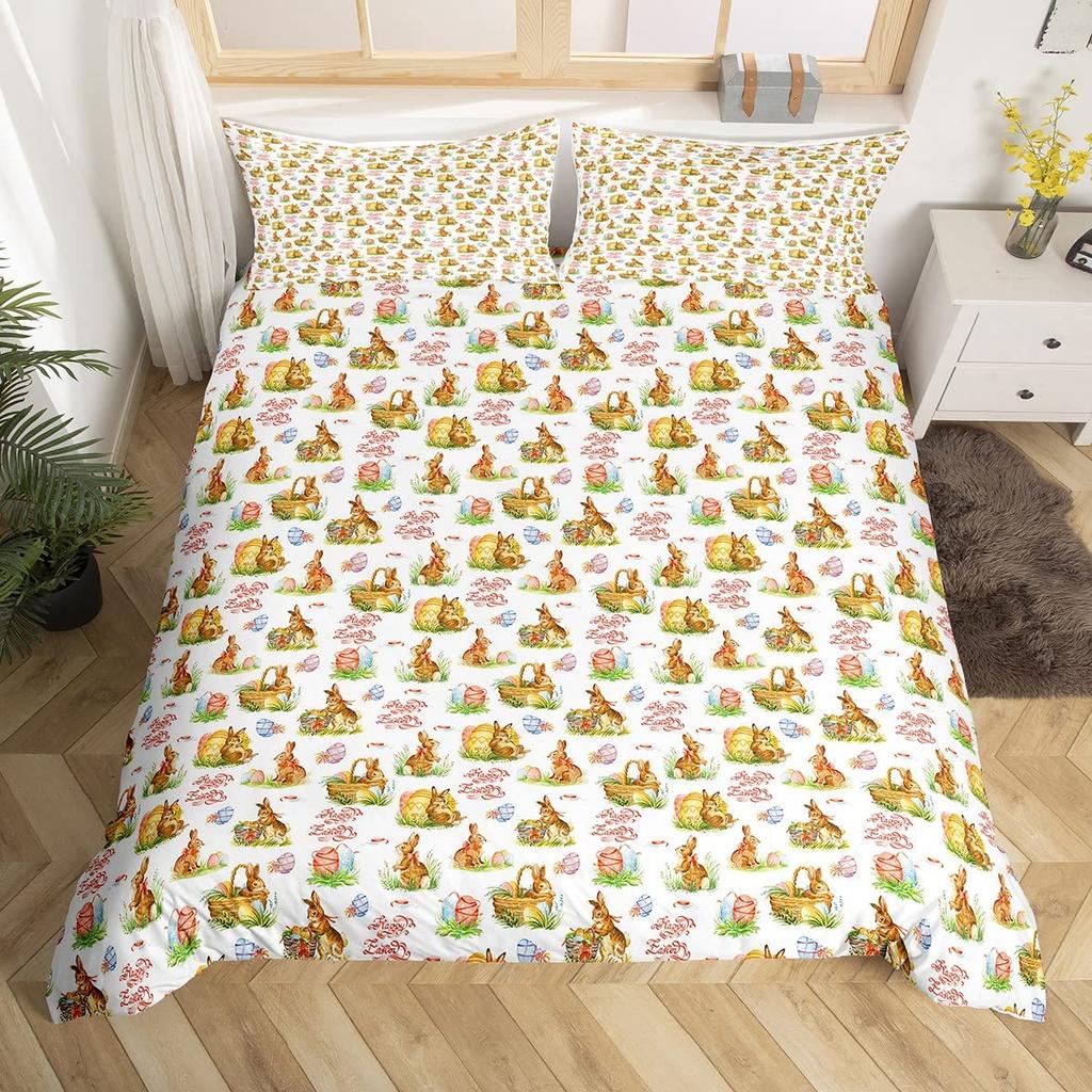 Cute Rabbit Duvet Cover Queen King Size Cartoon Rabbit Bedding Set Kawaii Animal Quilt Cover For Boys Girls Teenagers  3 Pcs