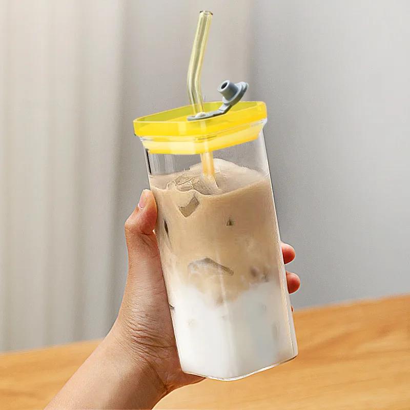 Square Heat Resistant Transparent Coffee Glass Mug Milk Tea Juice Glass Water Cup with Lid and Straw Coffee Cup Drink Mug