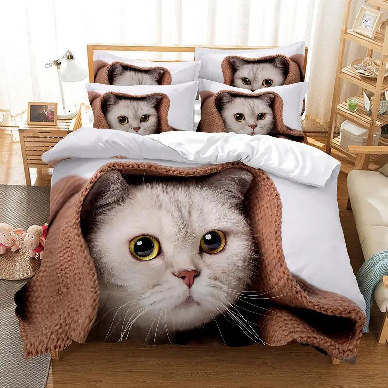 Cute Pet Cat 3D Printing Digital Three-Piece Quilt Cover Sheet Pillowcase Kit