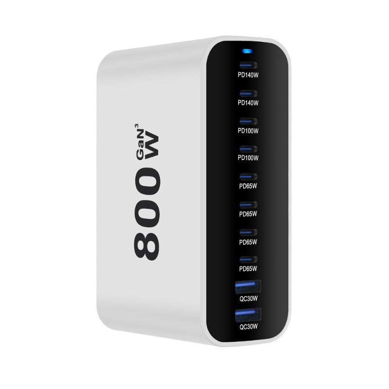 Intelligent Power Distribution 800W Charging Adapter 10 Port Design Metal Texture Suitable for Laptops and Phones