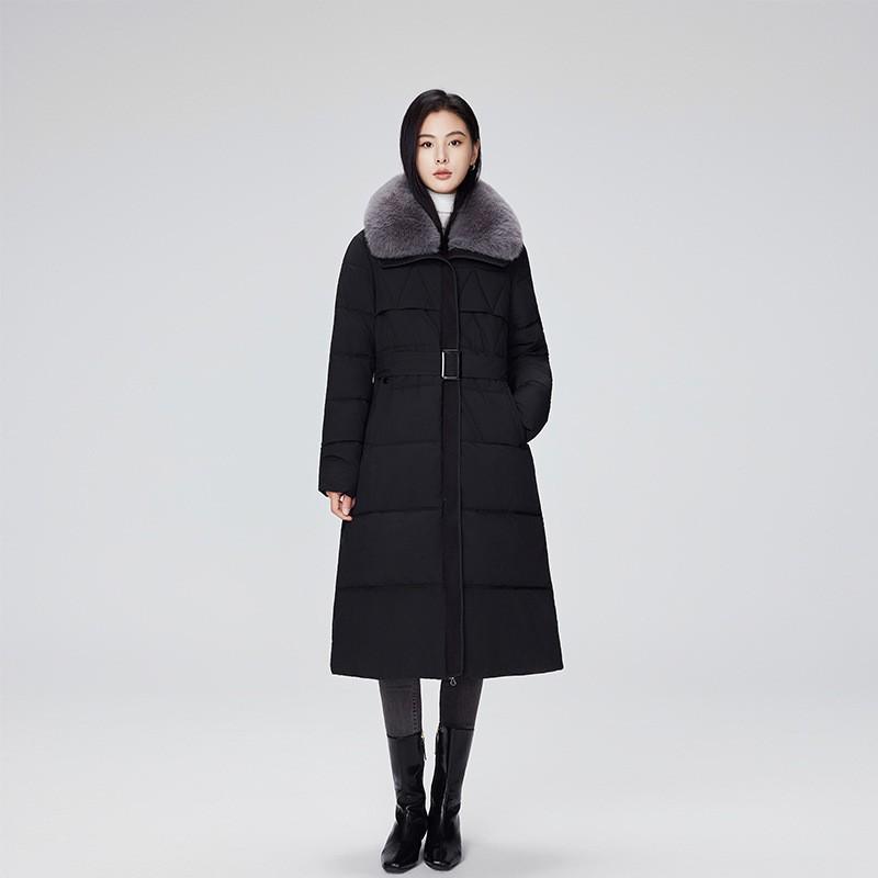 Womens Long Winter Coat With Detachable Faux Fur Collar Thick Cotton-Padded Parka Slim Fit Over-Knee Outerwear