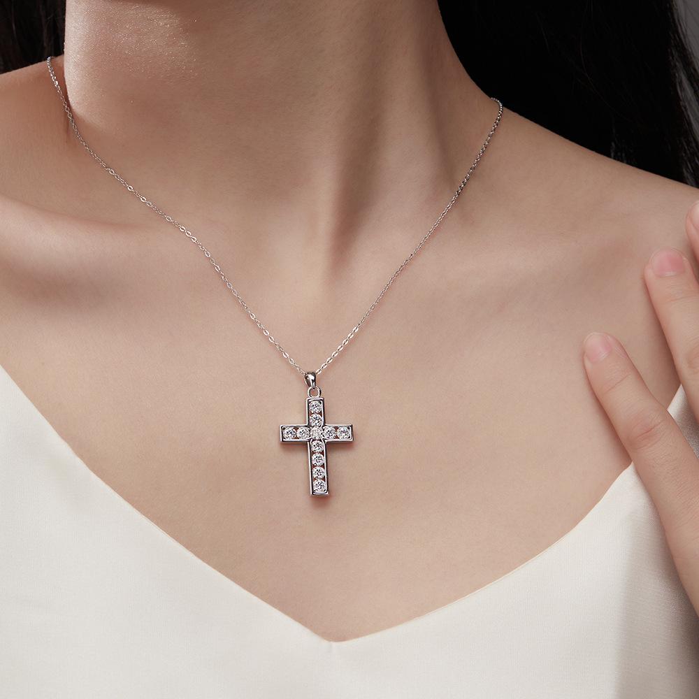 Sterling Silver Moissanite Cross Necklace - French Design Women's Clavicle Pendant
