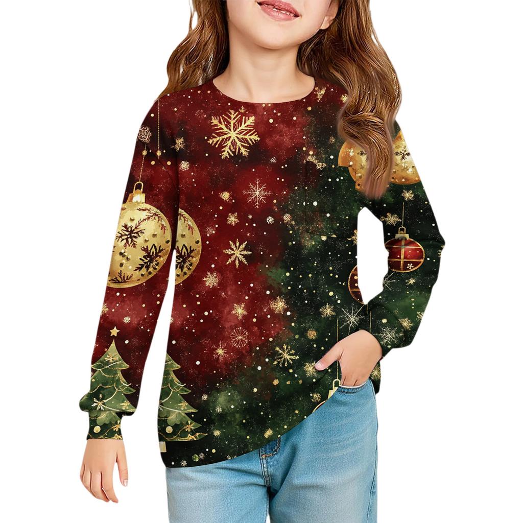Christmas Day Girls' Long Sleeve Blouse - Round Neck Soft Waist Tunic