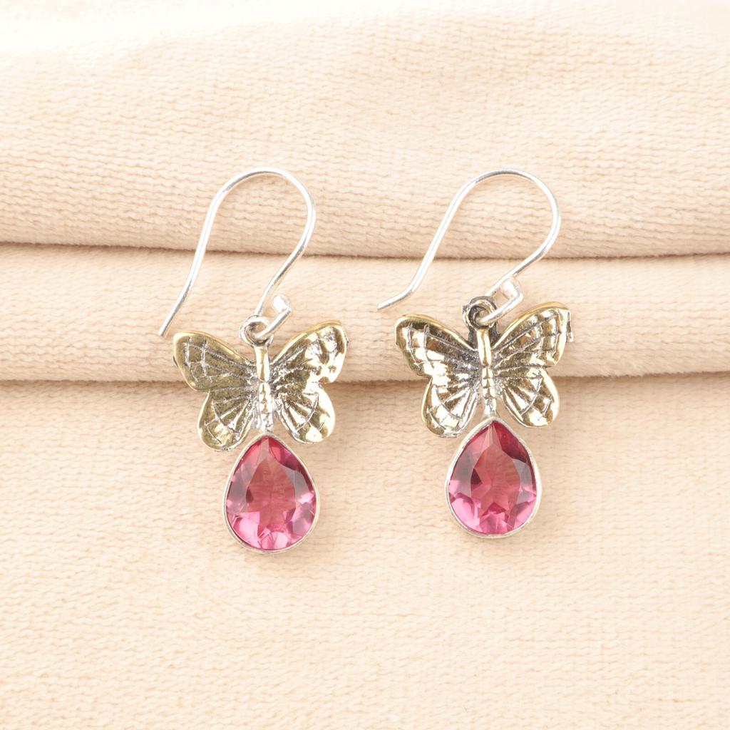 Pink Tourmaline Gemstone 925 Sterling Silver Handmade Jewelry Drop Earrings 1.3" EE-155-6