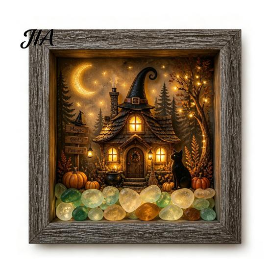Seasonal Interior Decor Halloween Shadow Box Frame DIY Lighted Craft Kit, Wooden Night Light with Unique Gift for Lovers Sea Glass Stones, Gothic LED