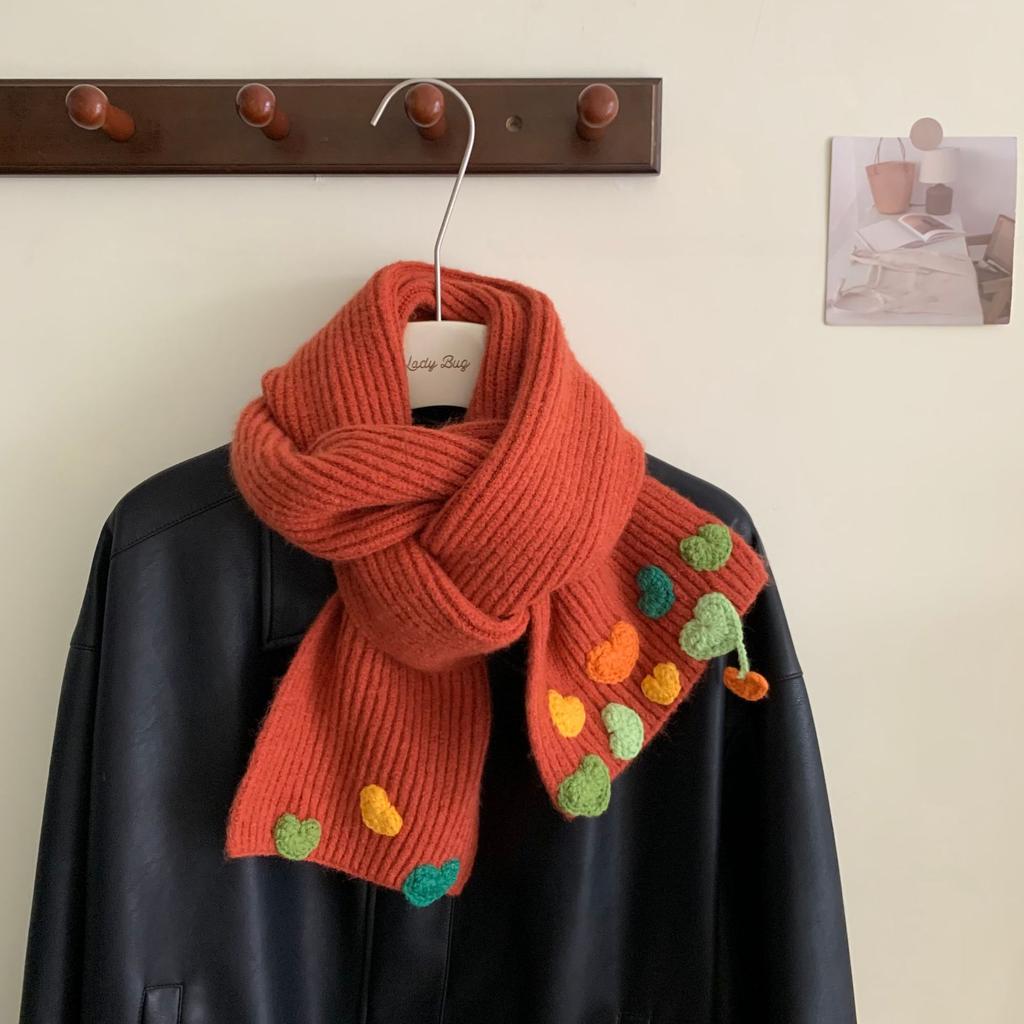 Candy Color Hand Knitted Scarf Women's Sweet Heart Embroidery Scarf Fashion Korean Student Warm Muffler Winter Versatile Shawl