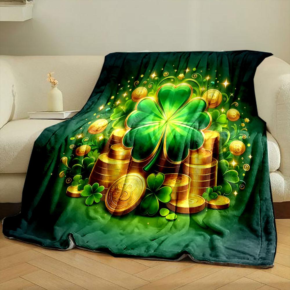 Lucky Clover and Gold Coins Design Print Blanket Soft and Cozy Perfect for the Living Room Bed Sofa or a Nap,gift