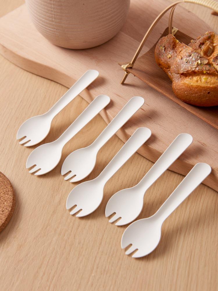 Eco-Friendly Disposable Cutlery Set: Fork, Knife, Cake Fork, Dessert Spoon, and Ice Cream Spoon.