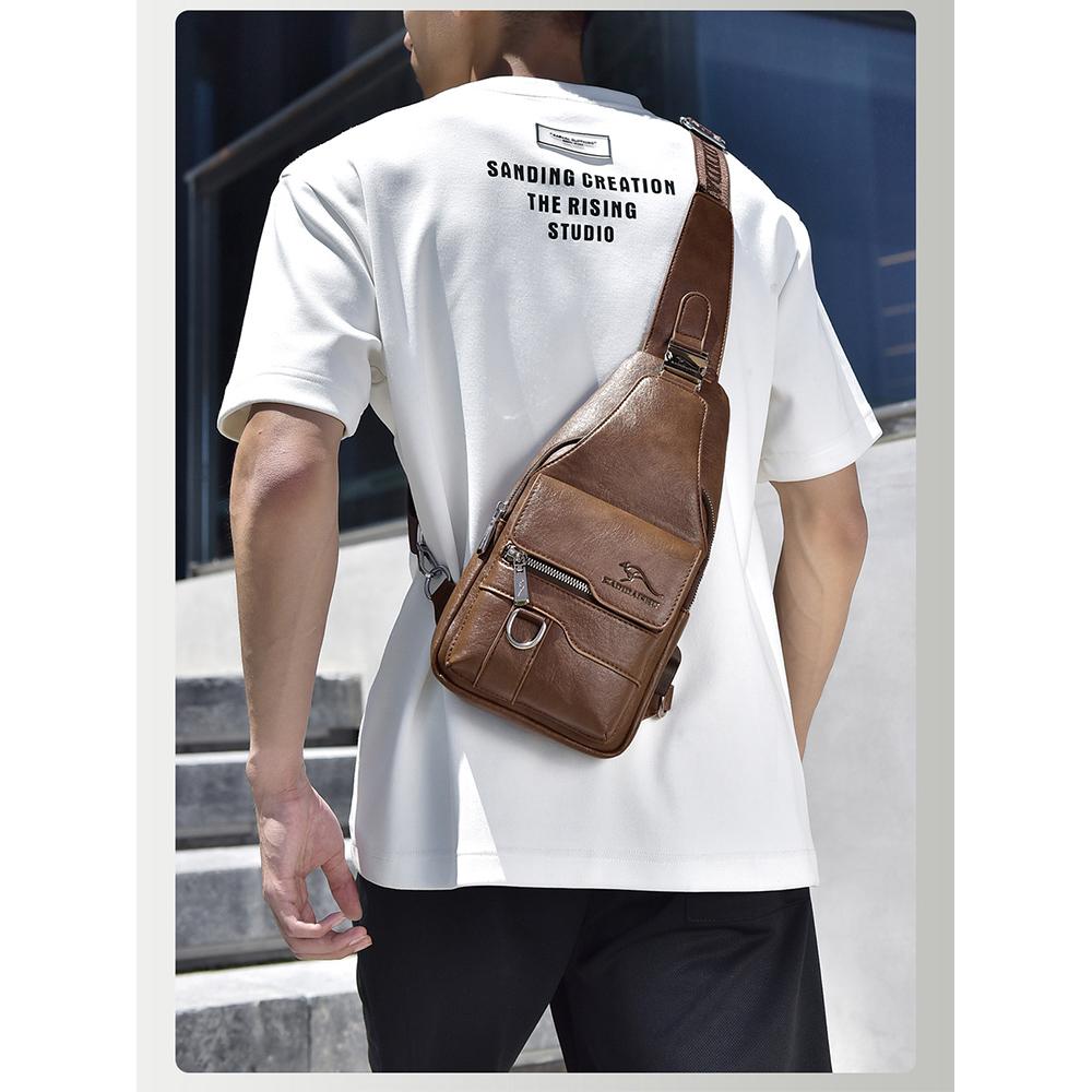 Men's Chest Bag USB Design Messenger Backpack Retro Fabric Shoulder Messenger Bag Sports Small Bag