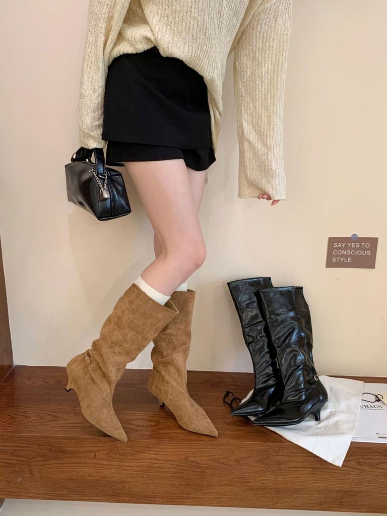 Not Tired of Feet, Autumn and Winter New Mid-heel Simple Temperament Low-heeled Pointed High Boots Rear Buckle Solid Color Wide Boots
