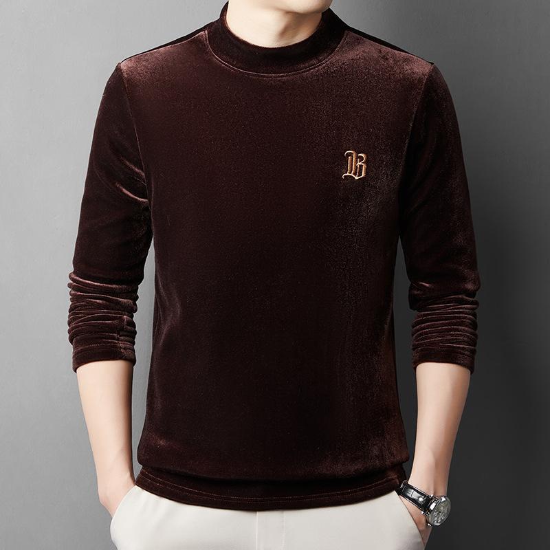Felpa con cappuccio sottile a maniche lunghe casual alla moda con scollo rotondo in velluto dorato ricamato da uomo giovane e di mezza età primaverile e autunnale