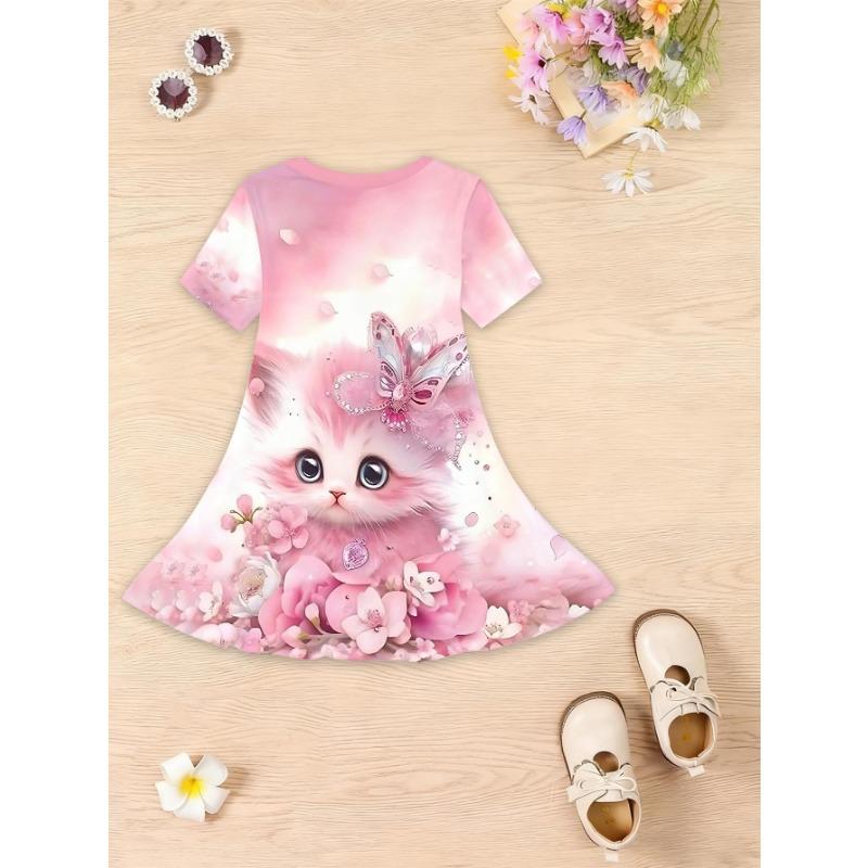New Summer Girls' Short Sleeve Dress, Children's Cat Pattern Short Sleeve Clothing, Cartoon Flower Kitten Dress, Christmas Gift for Girls