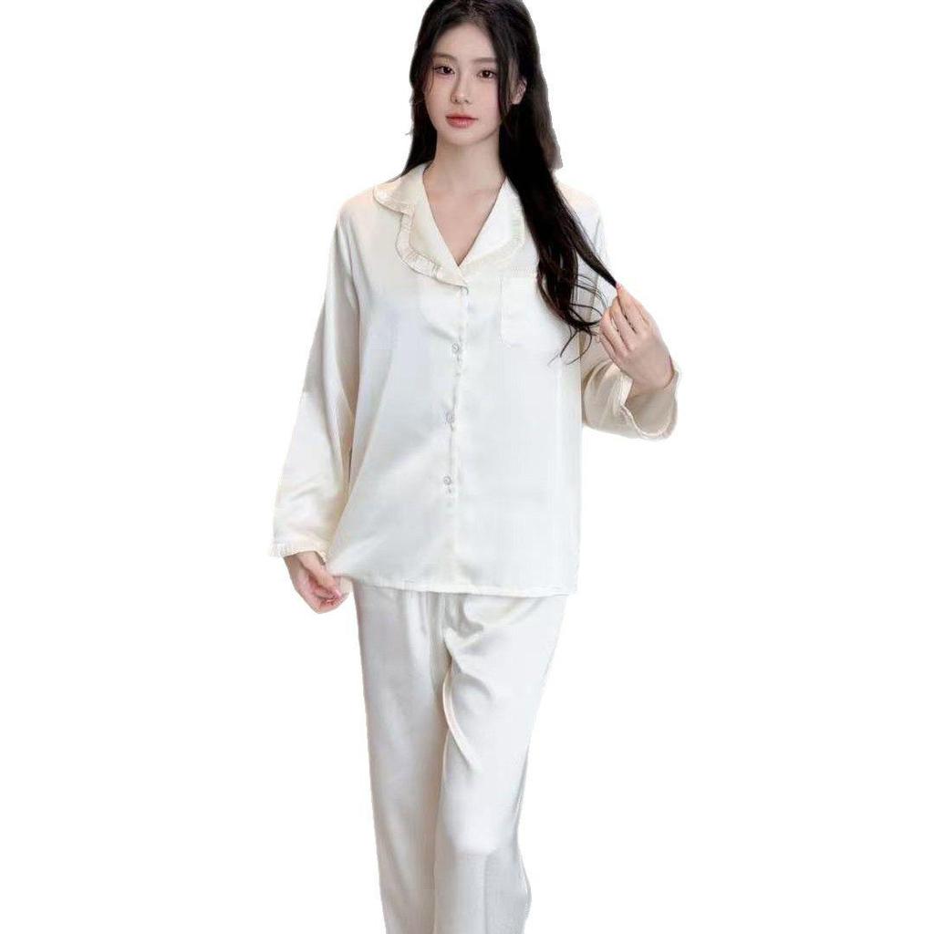 Women's Plus Size Ice Silk Pajama Set: Light Luxury Long Sleeve & Pants, Outdoor-Friendly.