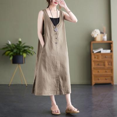 Robe d'été ample à manches courtes et col en V en coton et chanvre de couleur unie pour femmes
