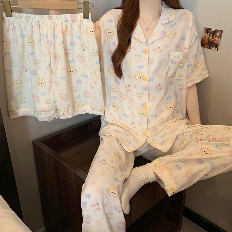 Cute Chef Cake Cloud Cotton Pajamas Women'S Summer Short-Sleeved Cardigan Three-Piece Loungewear