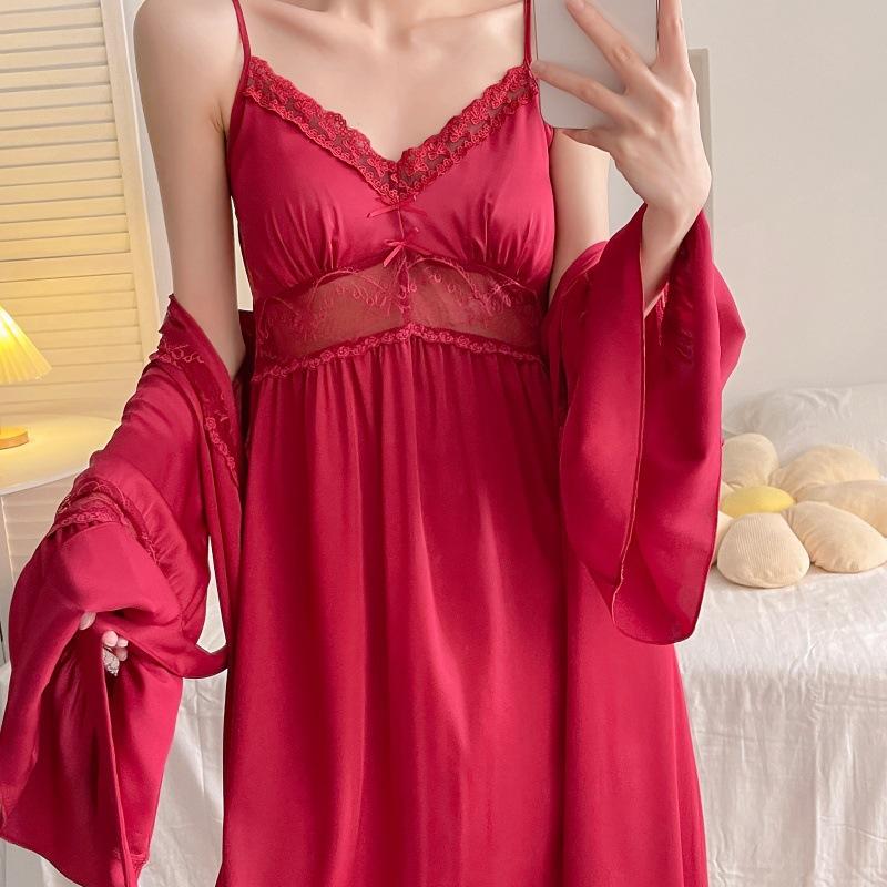 Satin texture silk nightdress new lace sexy ice silk elastic nightgown women's suspender skirt set long nightdress
