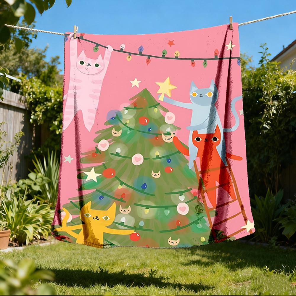 1pc Cat Christmas Outdoor Personalized Flannel Blanket, Soft, Lightweight Personalized Flannel Blanket, Digital Printing,