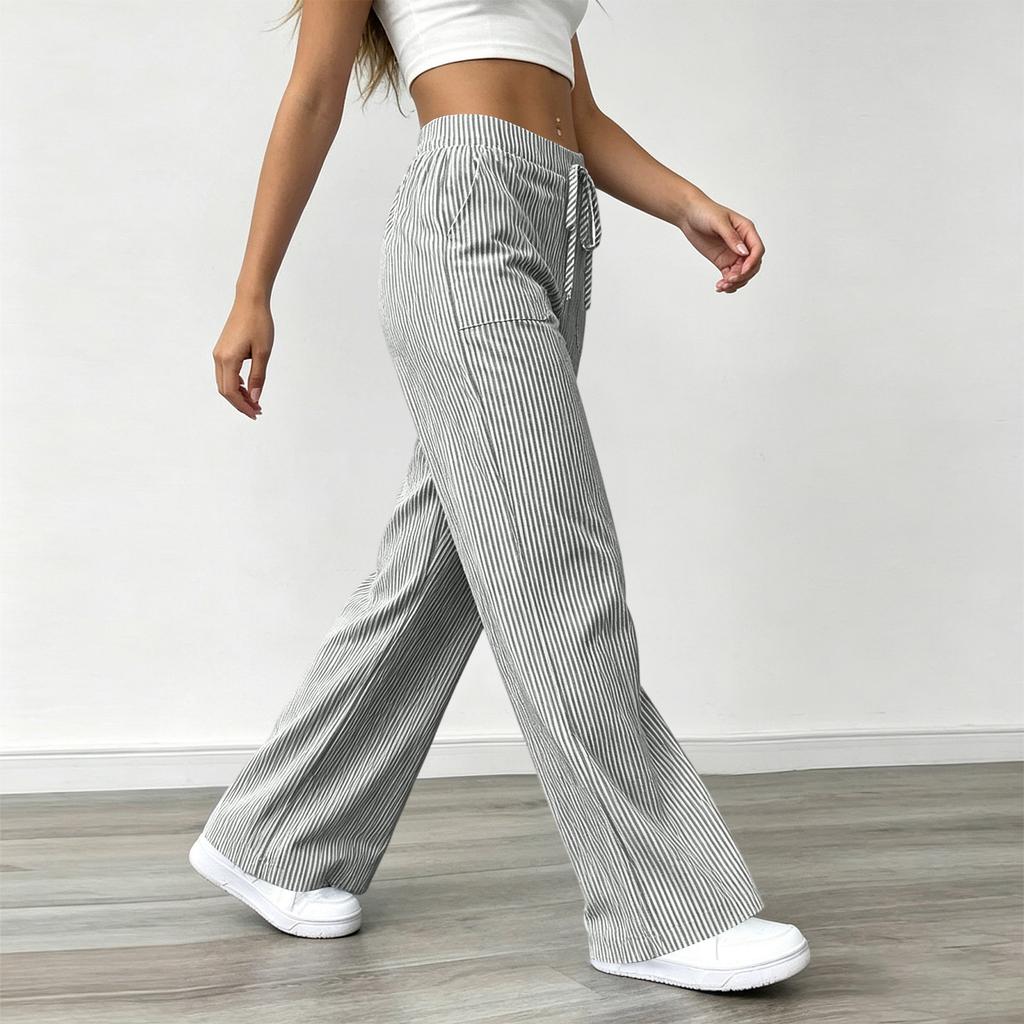Pantalon Casual Rayé Ample à Taille Serrée Jambes Larges pour Femme avec Poches pour un Port Quotidien Confortable