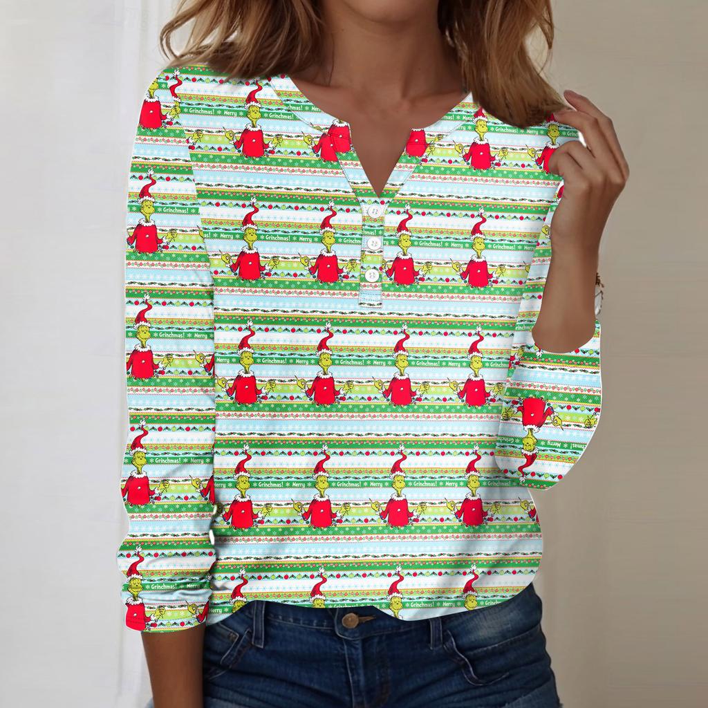 Women's Fashion Casual V-Neck Long Sleeve Decorative Button Christmas Print Top