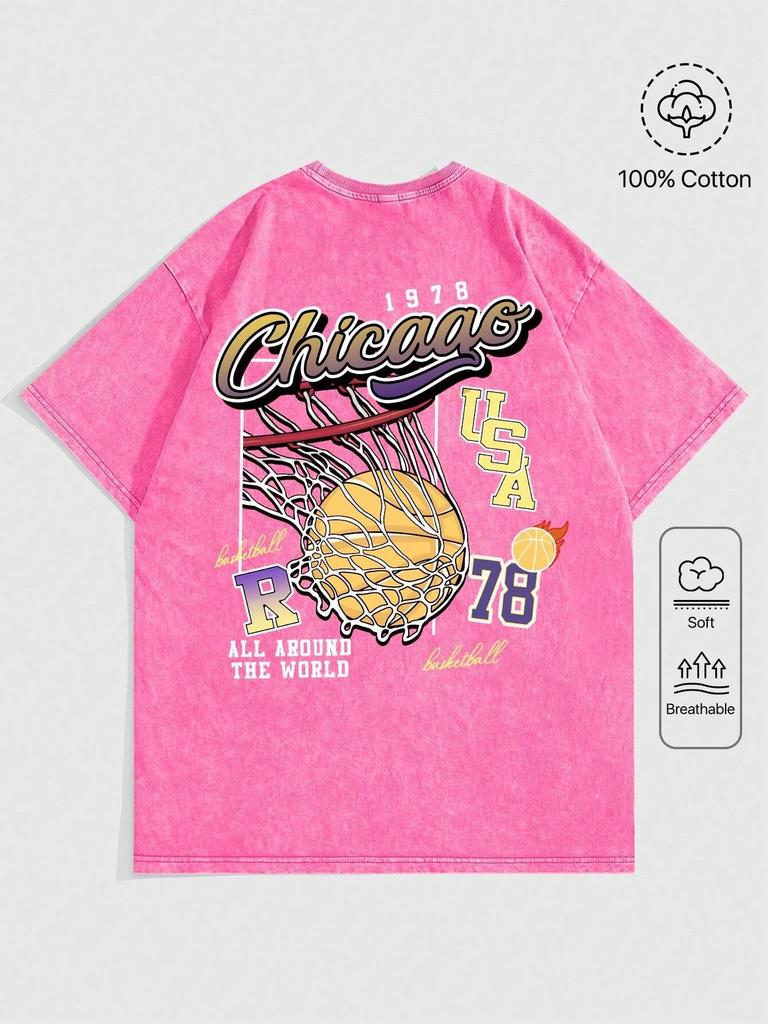 Women Casual Cotton Washed TShirt Chicago USA Basketball Printing Tops Fashion Oneck Tee Short Oversize Street Female Clothing